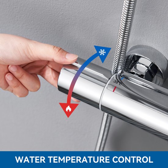 Hand die een chromen thermostaatkraan bedient. Pijl toont aanpassing van koud naar heet. Tekst: "WATER TEMPERATURE CONTROL".