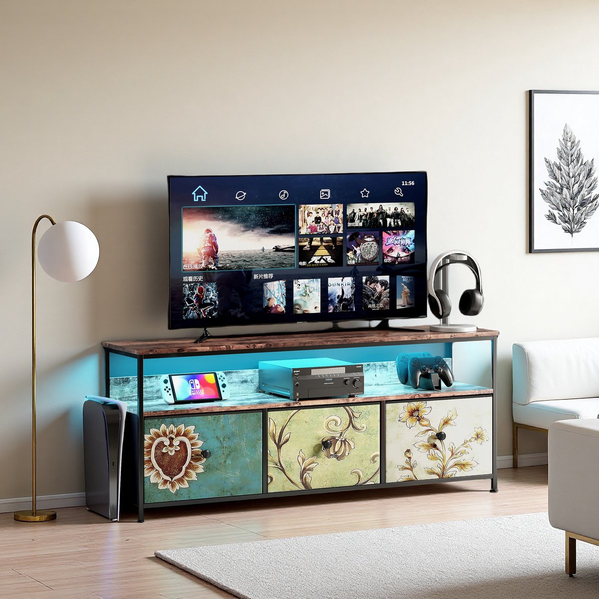 TV Meubel met LED Verlichting, Vintage TV Kast met Smart RGB Verlichting, Industrieel Design, Lage Kast voor Woonkamer, 108/137x30x57 cm