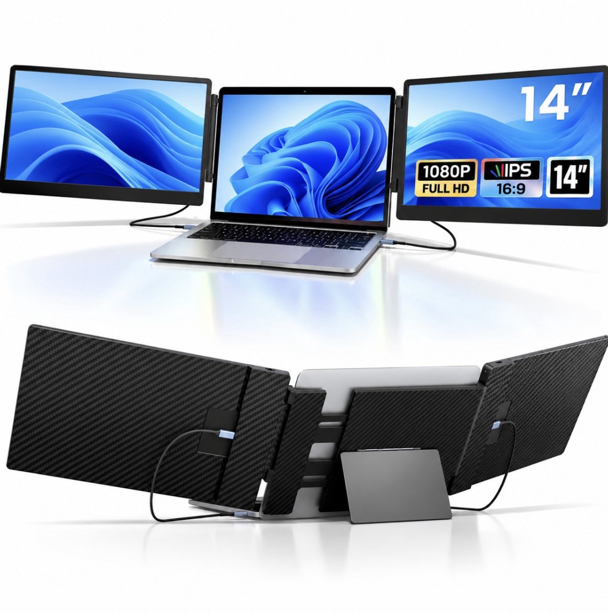 BSS® Professionele Portable Monitor 14 Inch - Dubbele Laptop Monitor - USB-C & HDMI - Full HD IPS - Draagbare Monitor - Plug & Play - Zwart
