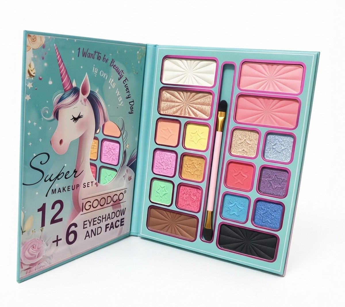 Unicorn Kinder Make-up Set – 18 Kleuren Echte Afwasbare Make-up voor Meisjes – Eenhoornthema Speelgoed Make-up Kit – Cadeauset voor Kinderen vanaf 3 Jaar – Veilig & Niet-Giftig Cosmetica Speelset