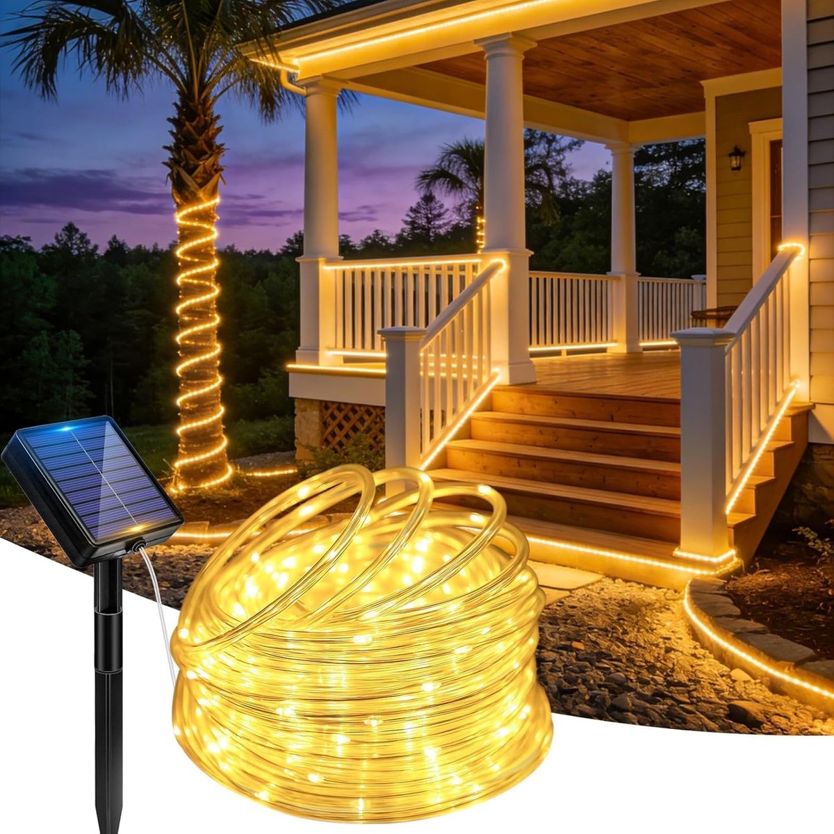 SnelShoppen - Solar Rope Lights Buiten Waterproof LED - 200 LED Tuinverlichting 22 Meter, 8 Modus met Afstandsbediening, Flexibele Solar Tube, Sfeerve