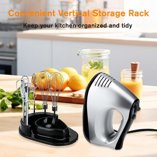 SnelShoppen - Elektrische Handmixer met 5 Snelheden en Turbo Knop, Anti-Spat Garde, 300W, Inclusief 6 RVS Opzetstukken, Perfect voor Bakken in de Keuk van Snelshoppen — afbeelding 3