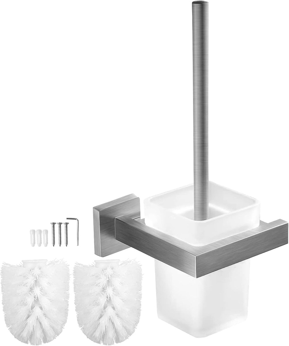 SnelShoppen - Wandmontage Toiletborstel met 2 Vervangborstels, Glazen Toiletborstel, Matte Satijn Glas & Roestvrijstalen Houder, Lange Handgreep, Badk