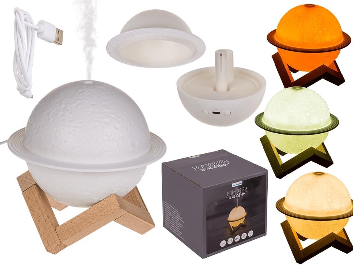 SnelShoppen - Air Humidifier/Oil Diffuser met Houten Stand - Elegante Planet Design, 3 Lichtniveaus, USB Aansluiting, 110 ml, 13.7 x 10.5 cm, Perfect
