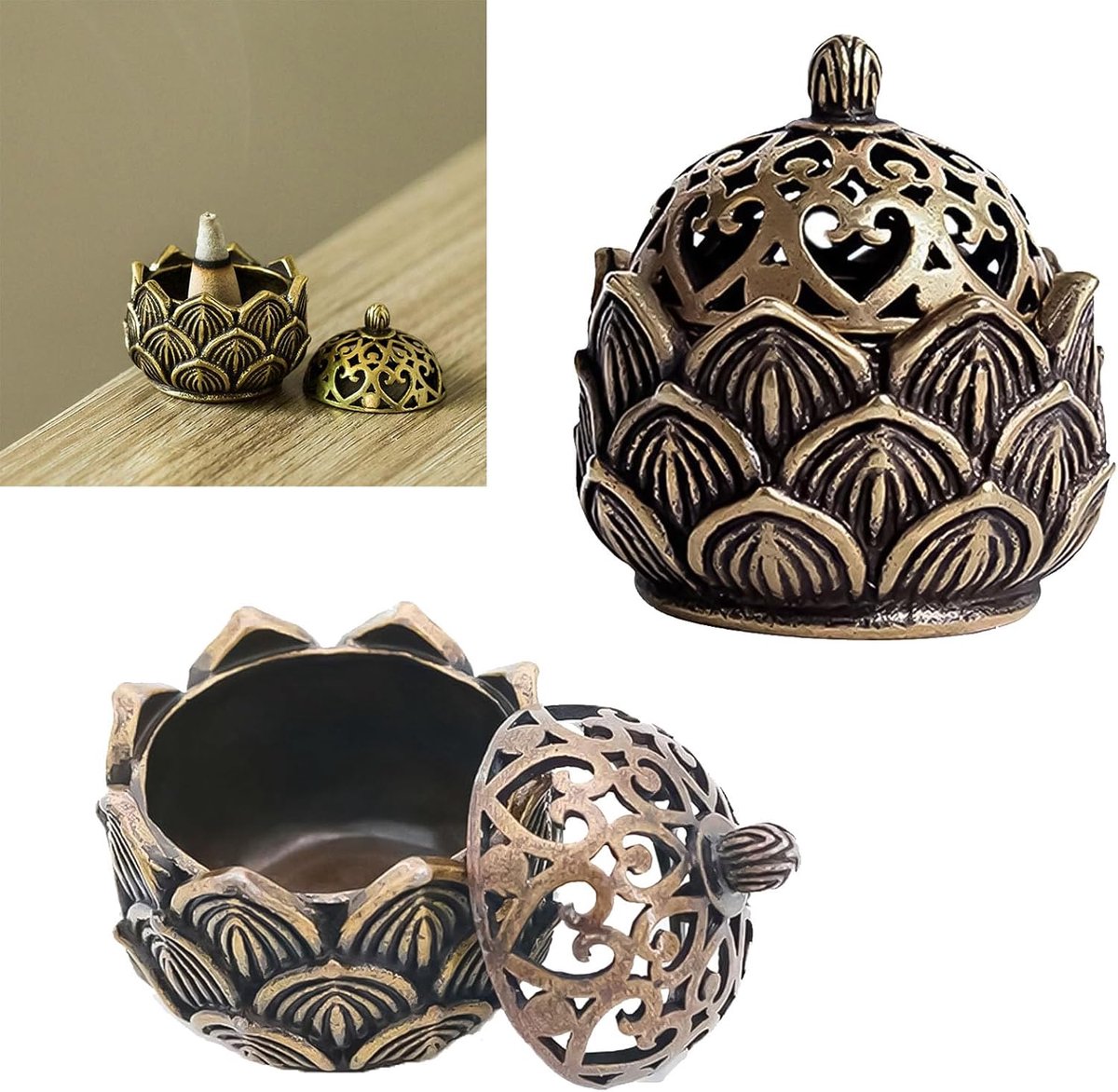 SnelShoppen - 2pcs Lotus Censers Retro Incense Cone Holder - Mini Lotus Incense Houder van Koperlegering - Perfect voor Thuis, Kantoor, Theekamer, Dec