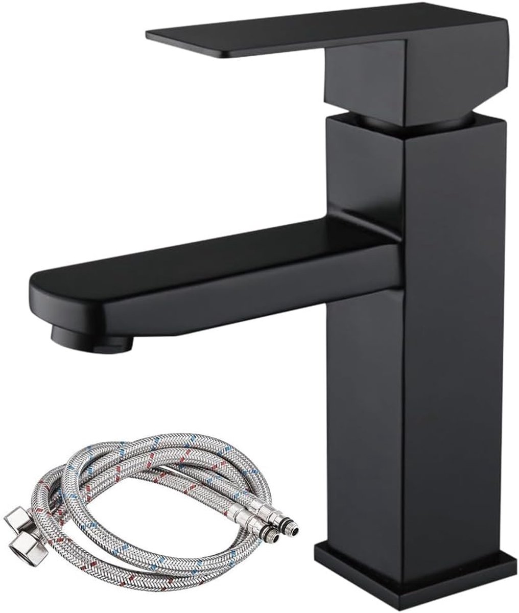SnelShoppen - Zwarte Mengkraan Badkamer, Wastafelkraan met 60cm Slang, Hot & Cold Water Mixer Tap, Modern Design voor Badkamer, Keuken en Meer
