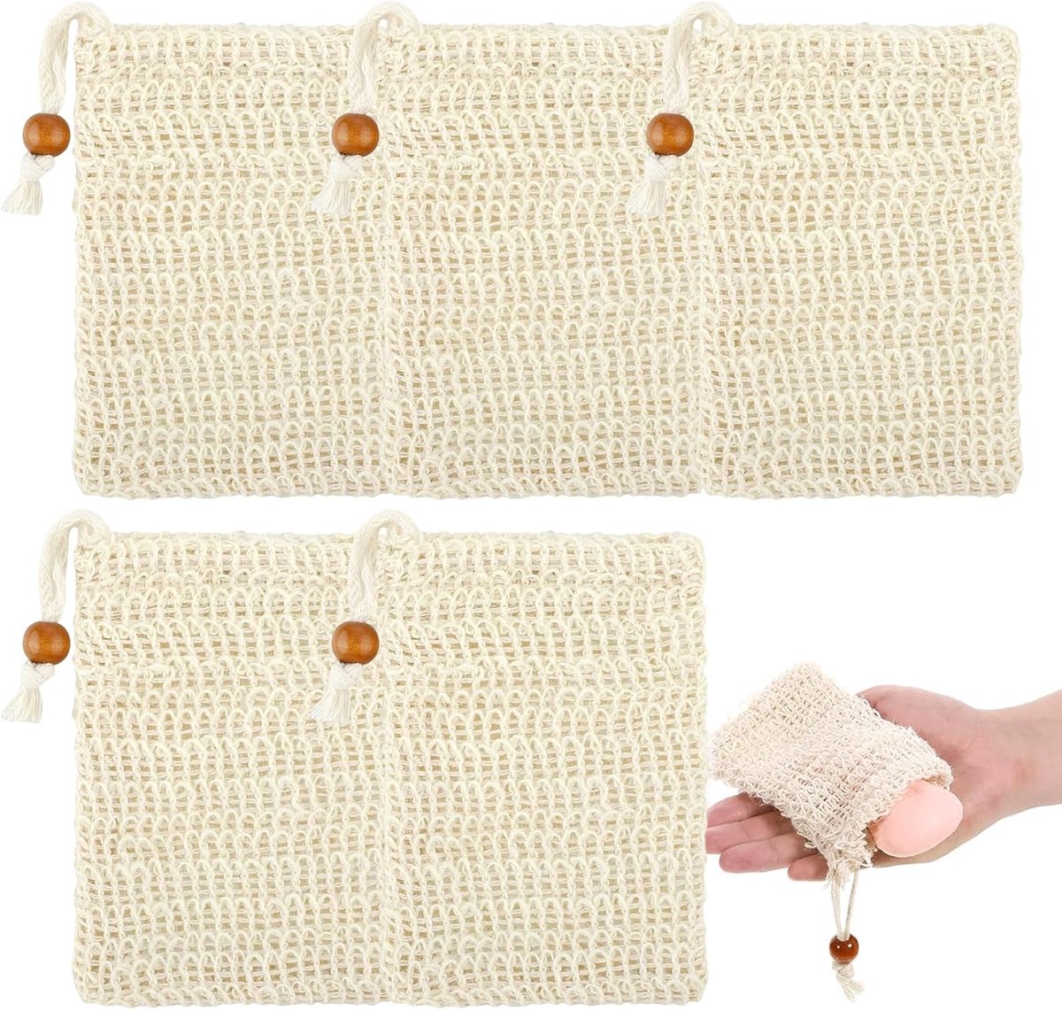 SnelShoppen - 5 stuks sisal zeepzakjes voor vaste zeep met trekkoord, natuurlijk katoen en linnen, perfecte bad massage scrub, milieuvriendelijke zeep