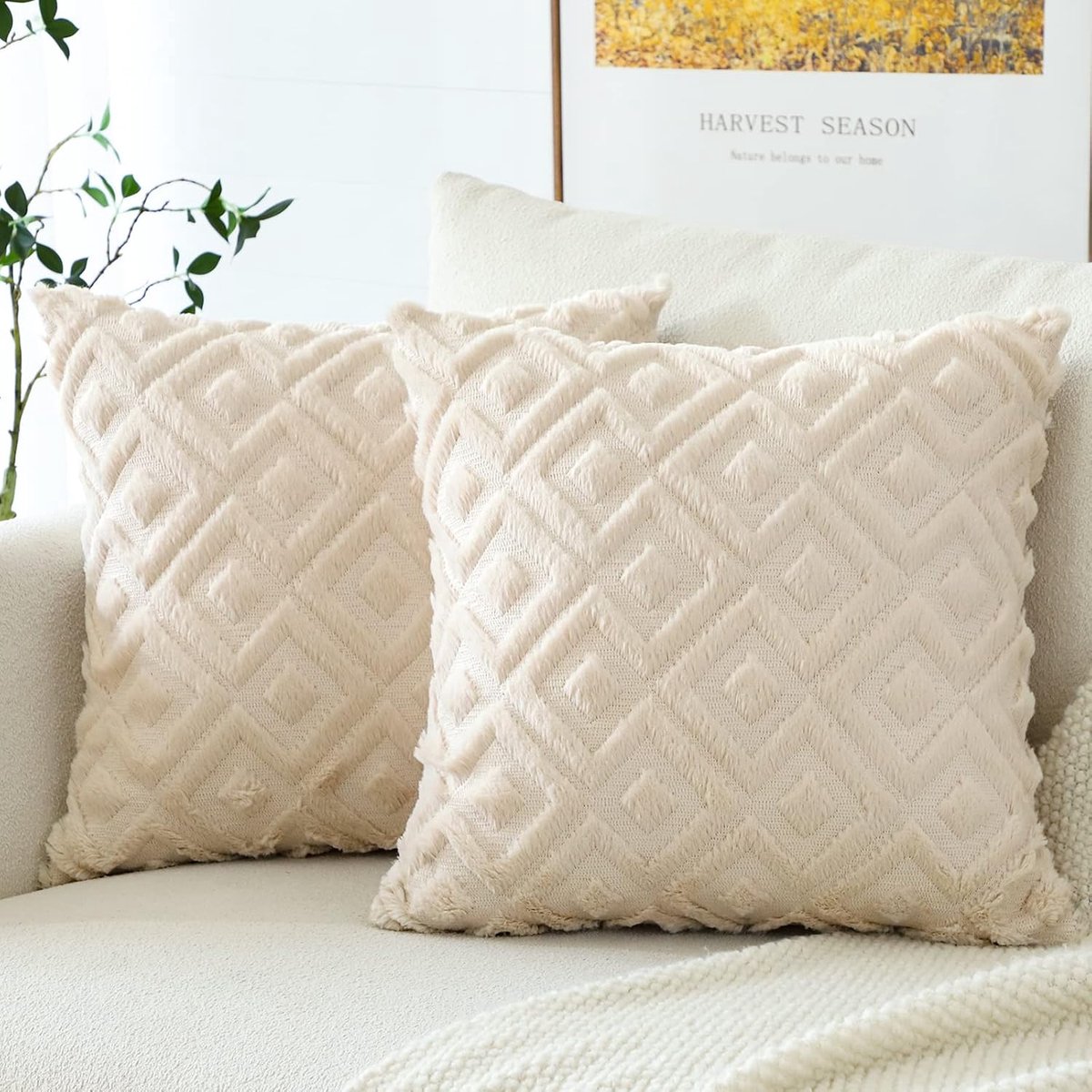 SnelShoppen - Set van 2 Luxe Kussenhoezen van Wolvelours, Geometrisch Design, 45 x 45 cm, Zacht en Pluizig, Boho Kussens voor Sofa en Slaapkamer, Crèm