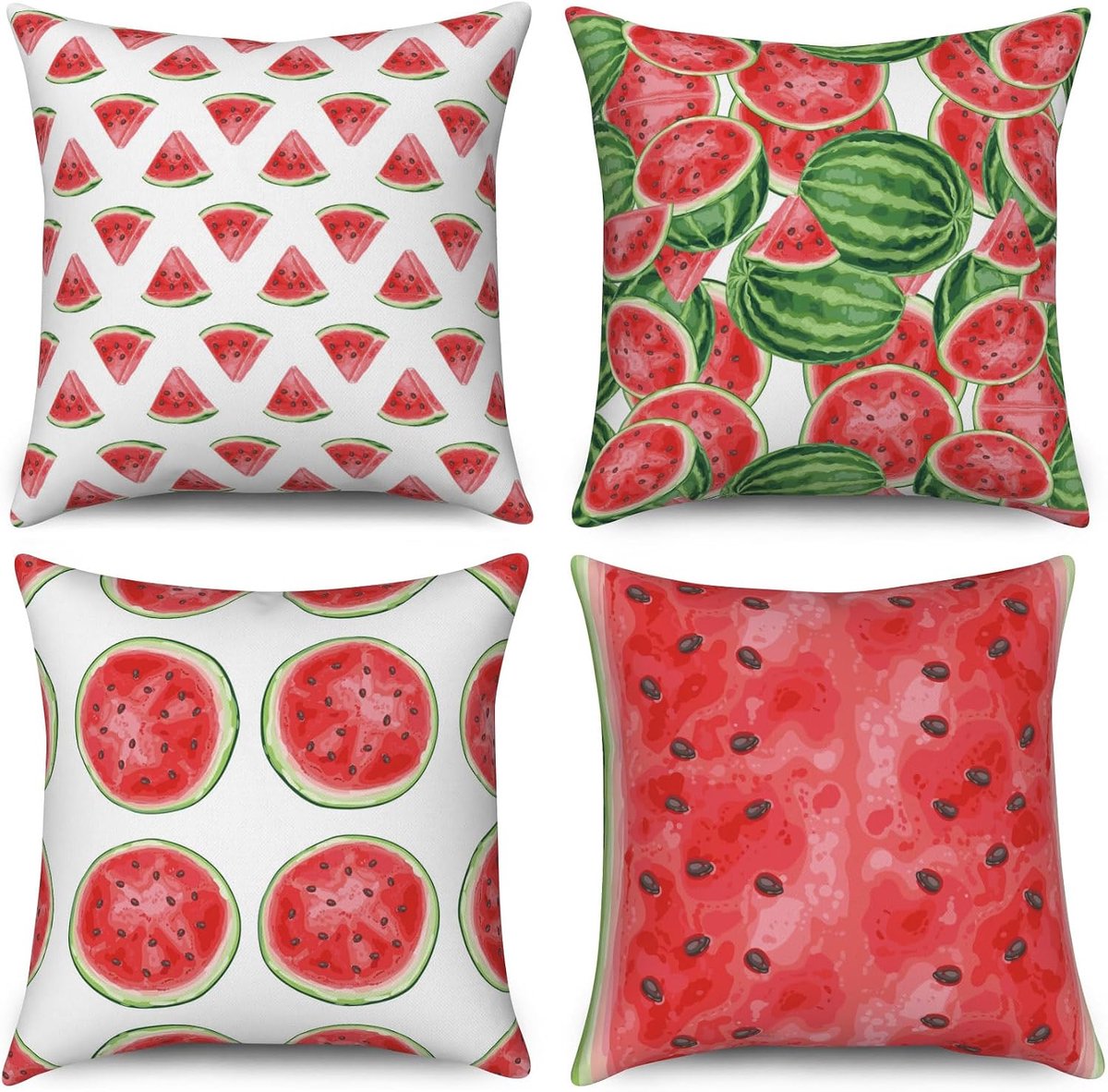 SnelShoppen - Set van 4 Zomerkussens 40x40 cm - Fruit Design in Rood, Groen en Wit - Decoratieve Kussens voor Sofa, Tuin, Camping - Wasbare Polyester