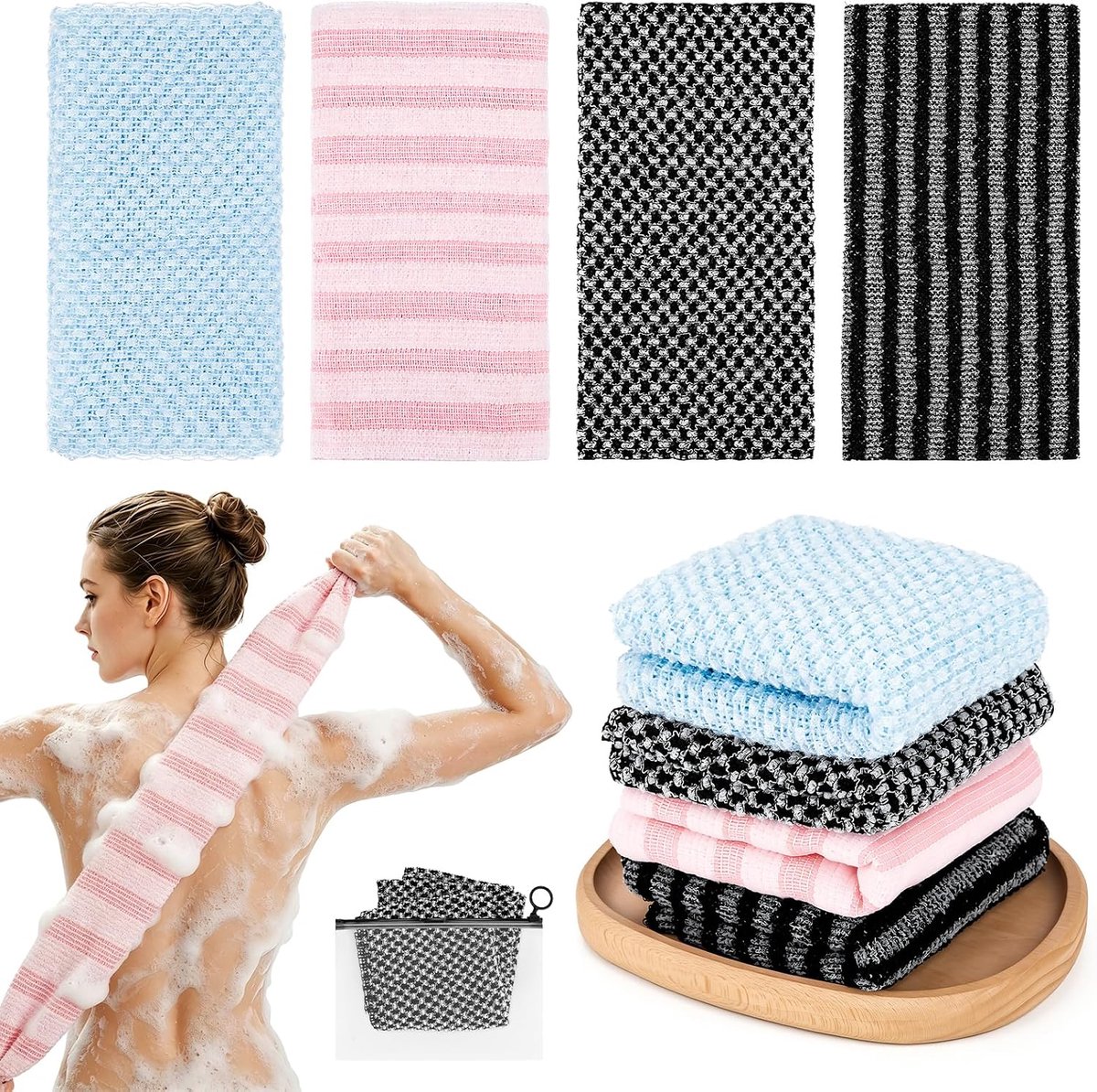 SnelShoppen - 4 Stuks Japanse Scrub Handdoek - Extra Lange Antibacteriële Lichaamsborstel - Diepe Reiniging Douche Handdoek voor Bad, Spa, Gym en Thui