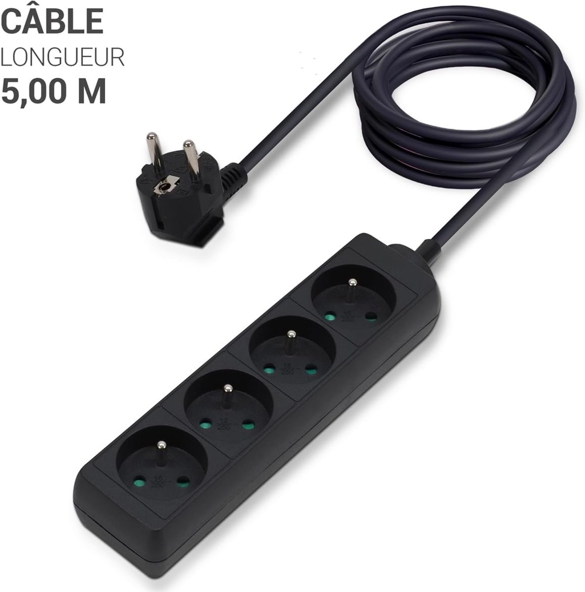 SnelShoppen - Set van 3 Stekkerdozen met 4 Stopcontacten, 16 A, Kindveilig, 5 m Kabel, Zwart - Perfect voor Thuis, Kantoor en Camping