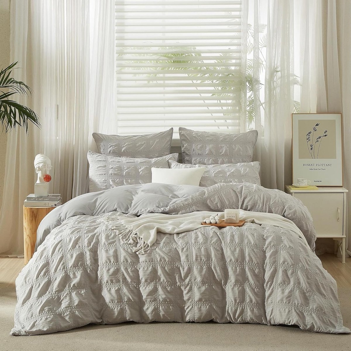 SnelShoppen - Seersucker Bedlinnen 200x220 cm Grijs Geruit Softe Fluffy Ademend Microfiber Duvet Dekbedovertrek met Rits en 2 Kussenslopen 80x80 cm