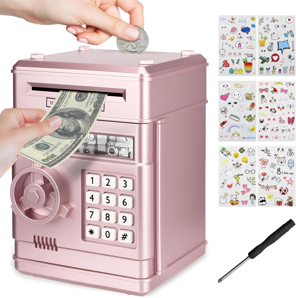 SnelShoppen - Elektronische Spaarpot voor Kinderen, Digitale Geldbox met Wachtwoord, Inclusief 6 Stickers en Schroevendraaier, Perfect Cadeau voor Jon