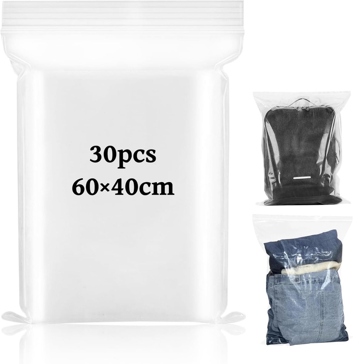 SnelShoppen - 30 Stuks Zipper Bags 40x60cm, Grote Lockbare Plastic Zakjes, Resealable en Waterdichte Opbergzakken, Dikke Kwaliteit voor Kleding, Keuke