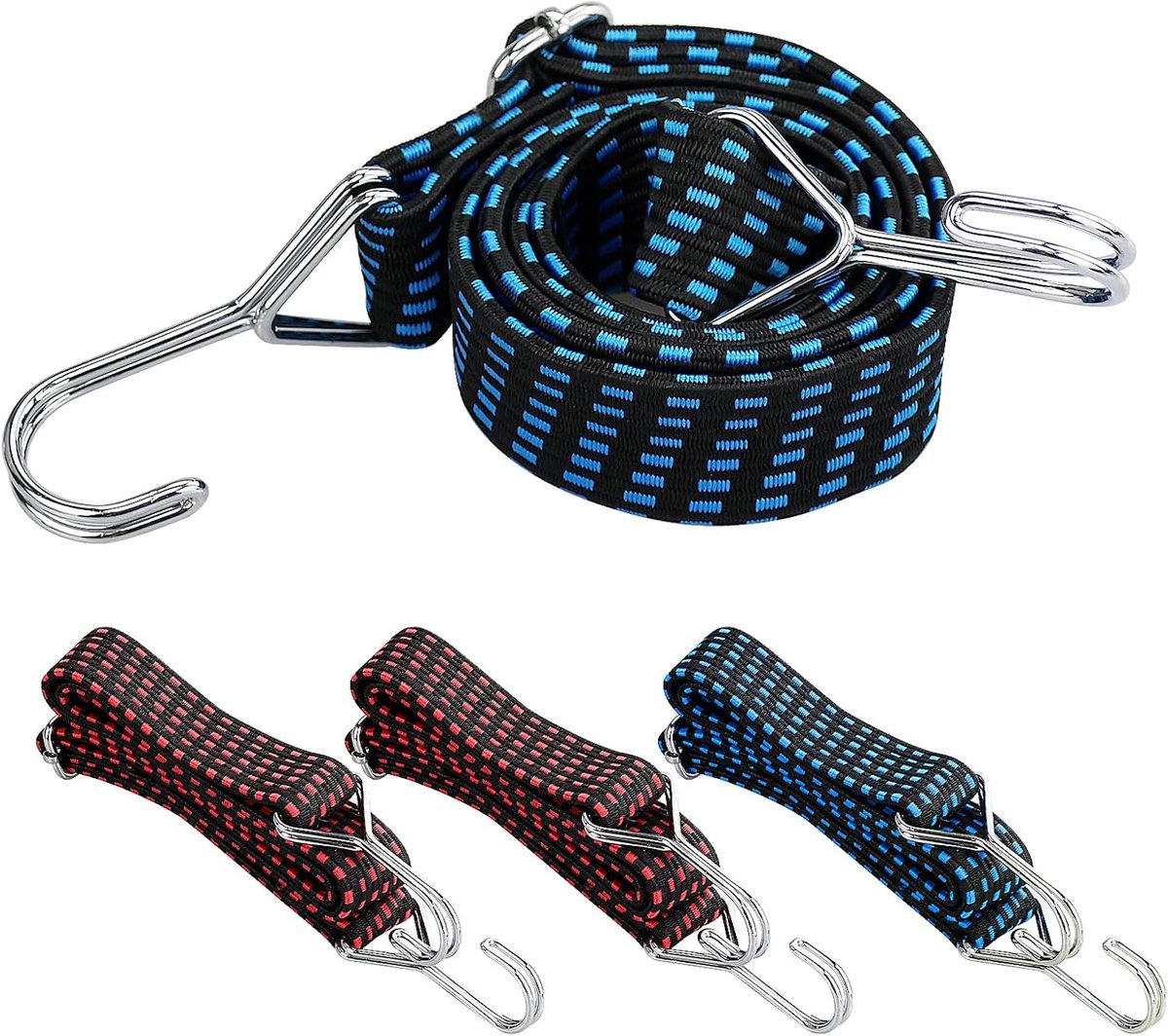 SnelShoppen - 4 Stuks Verstelbare Bungee Koorden met Haken - Elastische Lading Bevestigingsriemen voor Bagage, Fiets, Motor en Kamperen (Blauw, Rood,