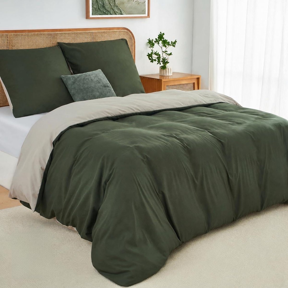 SnelShoppen - Dekenhoes 90 cm Bedden, Olijfgroen/Beige, Superzacht, Dubbelzijdig Ontwerp A/B met Rits, Oeko-Tex Gecertificeerd, 1 Dekbedovertrek 135 x