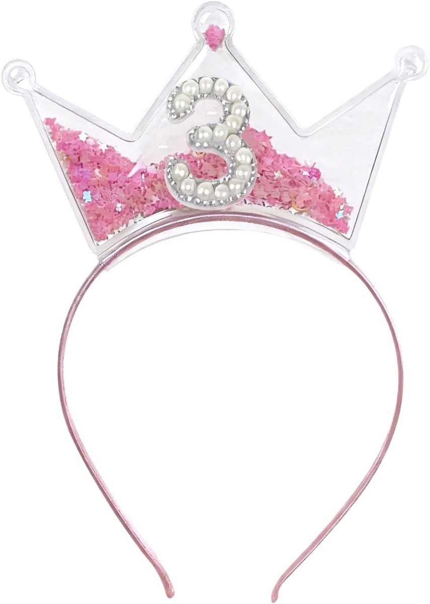 SnelShoppen - Roze Verjaardagskroon voor Meisjes, Glitter Tiara voor 3e Verjaardag, Prinsessen Feestdecoratie, Comfortabele Haarband voor Kinderen