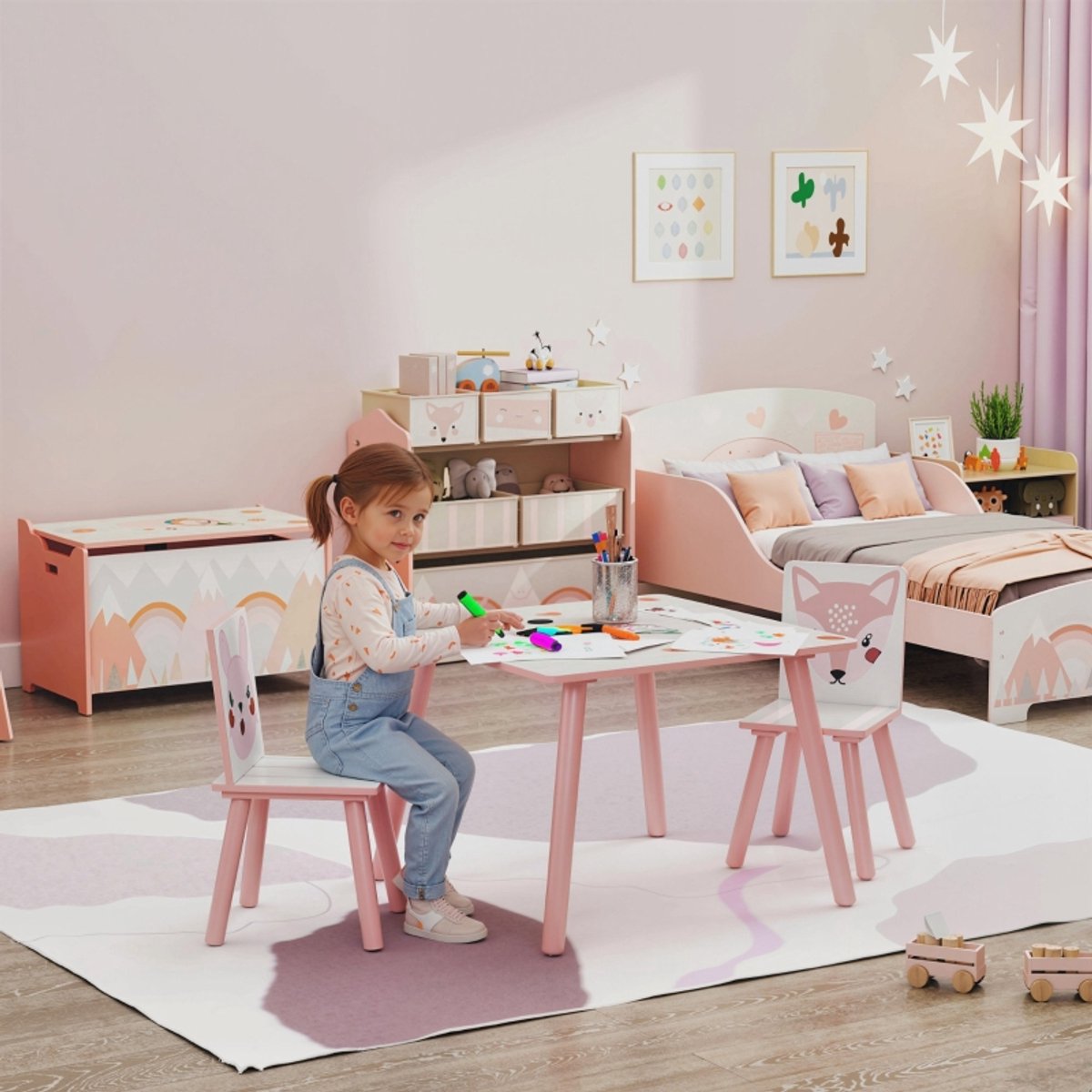 COVREO Kindertafel en stoelen set 60 x 60 x 44 cm - roze, dierenmotief, 2 stoelen