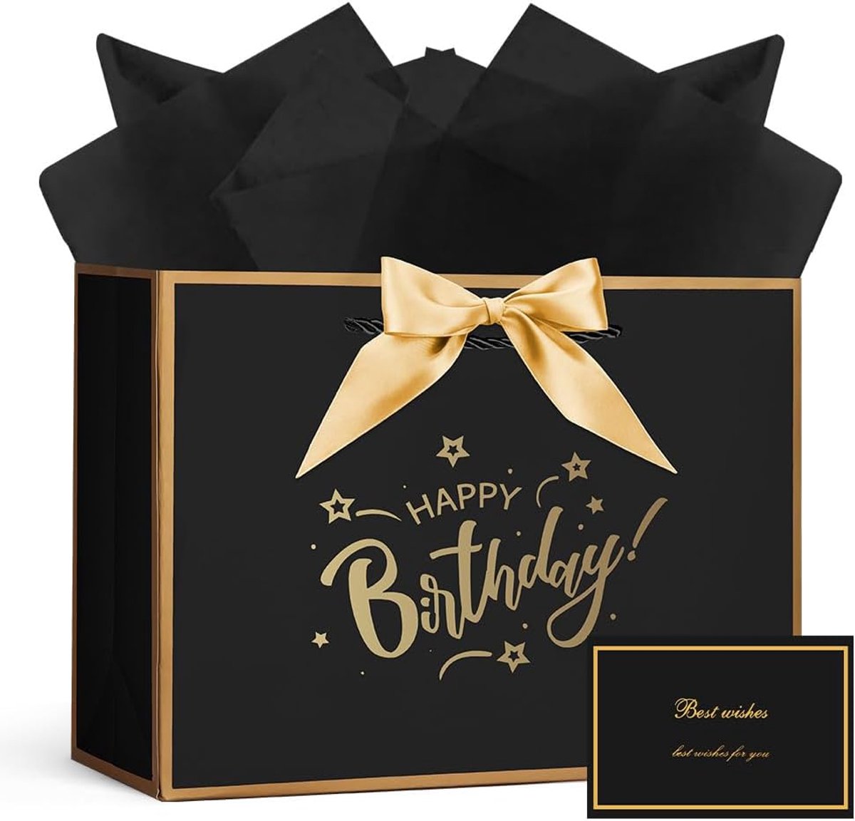 SnelShoppen - Paper Gift Bags 32x22x10cm met Handvat, Verjaardagscadeauzak met Strik, 1 Wenskaart + 3 Papieren Zakdoeken voor Kerst, Verjaardag, Bruil
