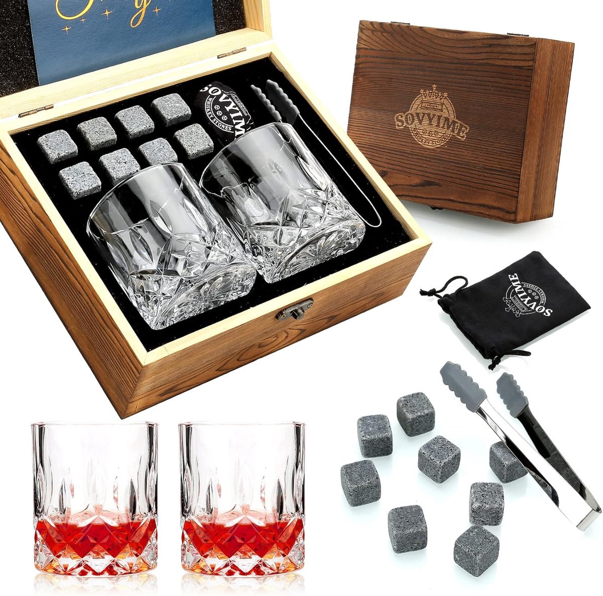 SnelShoppen - Whisky Stones Gift Set - 2 Whiskey Glazen met Granieten Koelstenen - Scotch Glazen Cadeau voor Mannen, Vader, Verjaardag, Feest