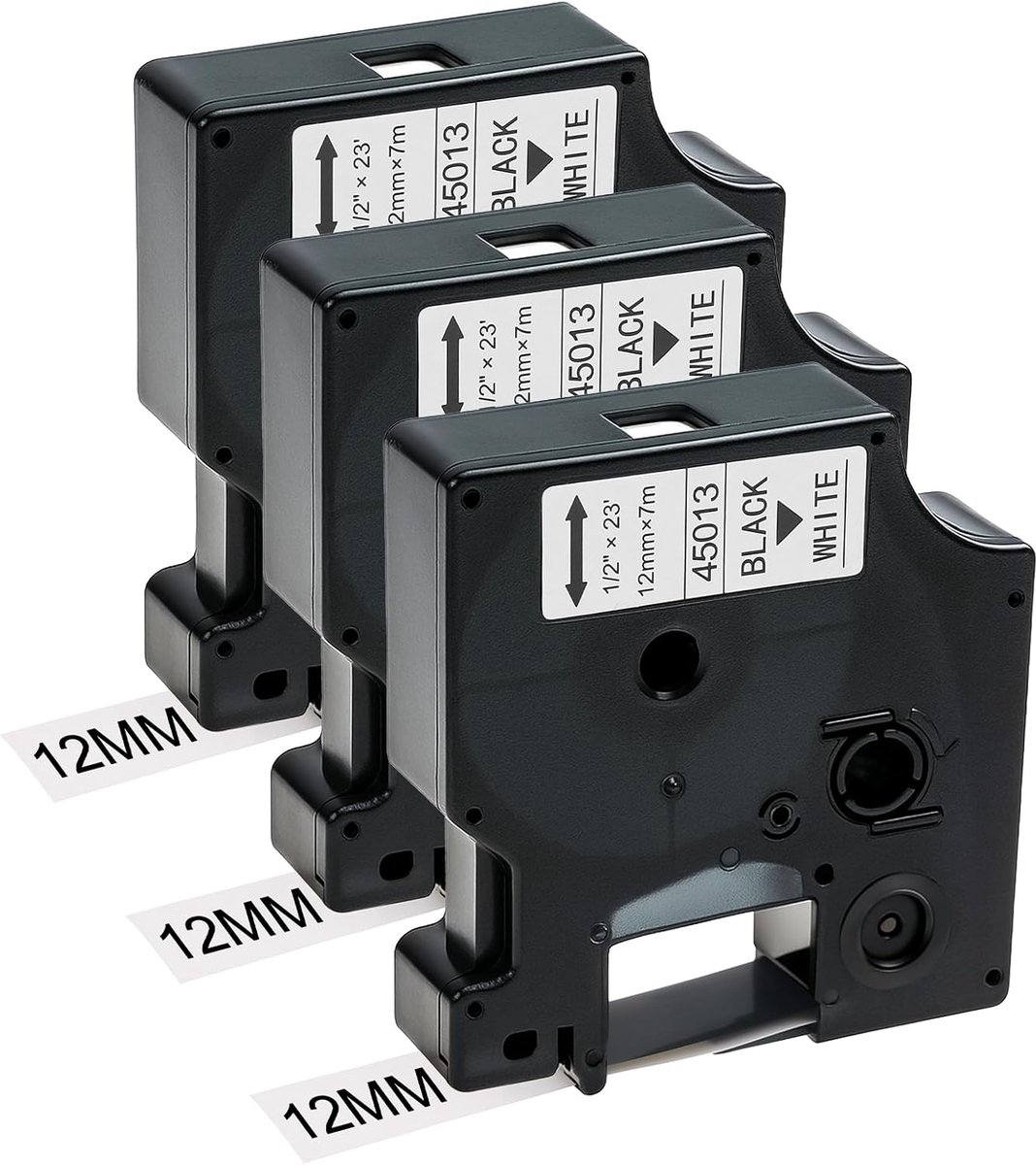 SnelShoppen - Pack van 3 Label Tape 45013 Voor LabelPrinters - 12mm x 7m Zwart op Wit Zelfklevende Label Tape - Compatibel met Diverse Dymo Modellen