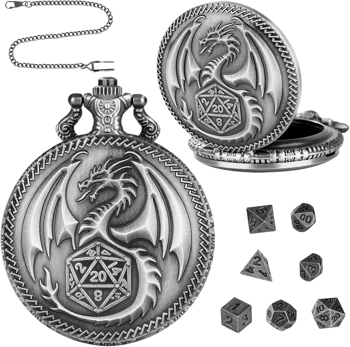 SnelShoppen - Mini DND Polyhedral D&D Dobbelstenen Set in Steampunk Pocket Watch Case - 7-Piece Retro Metaal Accessoires voor Rollenspel (Zilver)