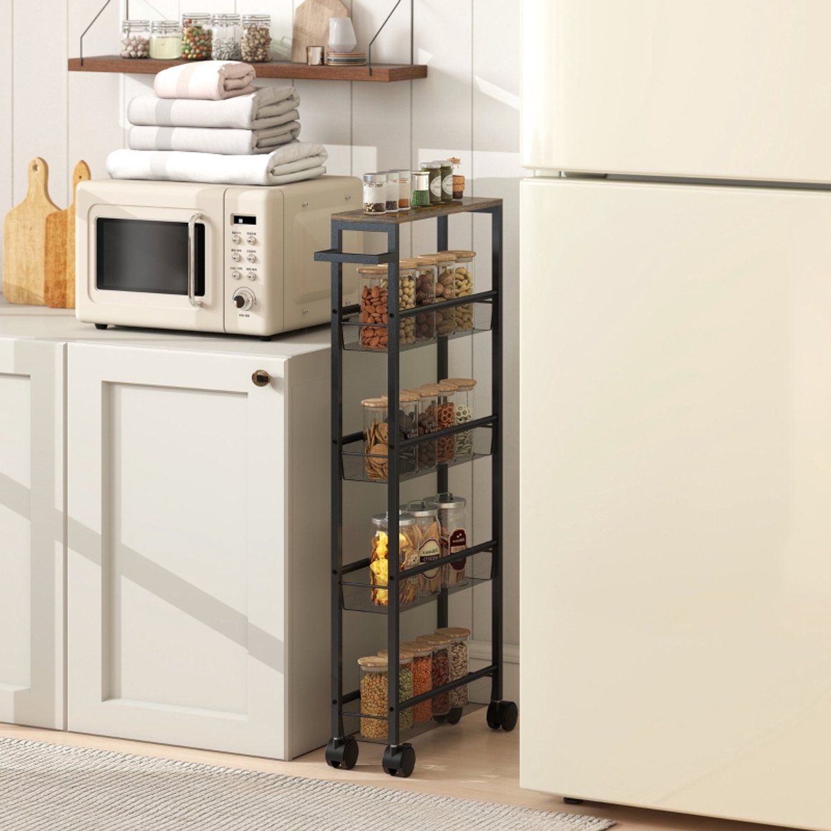COVREO Keukenkast 47 x 13 x 96,5 cm – zwart, 5 niveaus, met wielen en werkblad
