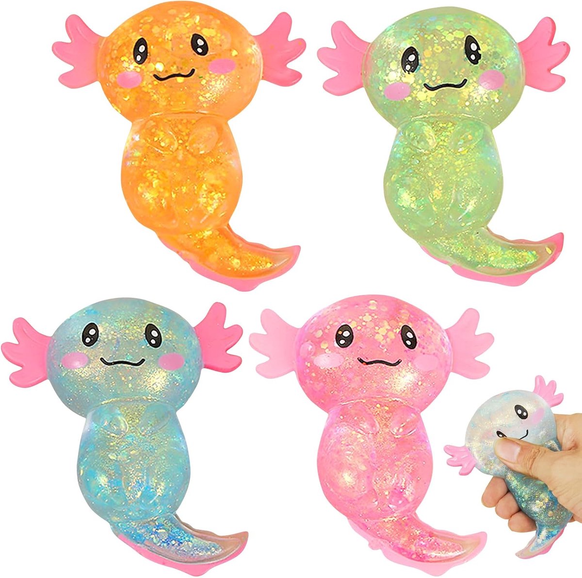 SnelShoppen - Axolotl Stressbal 4 Stuks - Schattige Glitterende Squishy Speelgoed voor Stressverlichting - Ideaal voor Kinderen en Volwassenen - Perfe