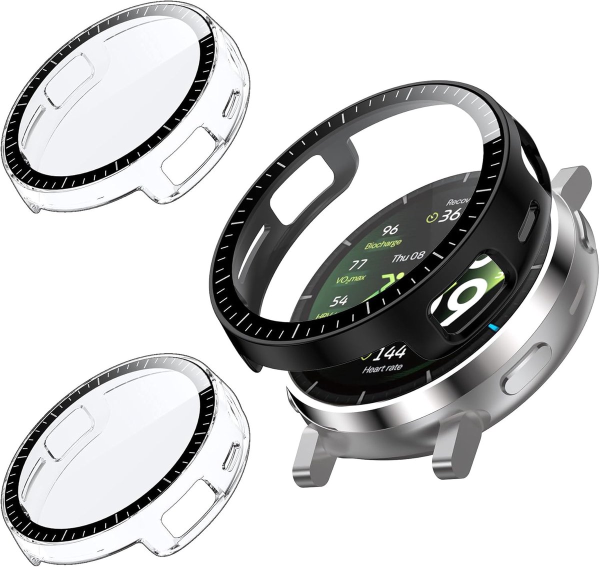 SnelShoppen - 3x Beschermhoes met Gehard Glas voor Smartwatch, Antislip en Krasbestendig, 2x Transparant + 1x Zwart, Perfecte Pasvorm voor Amazfit Act