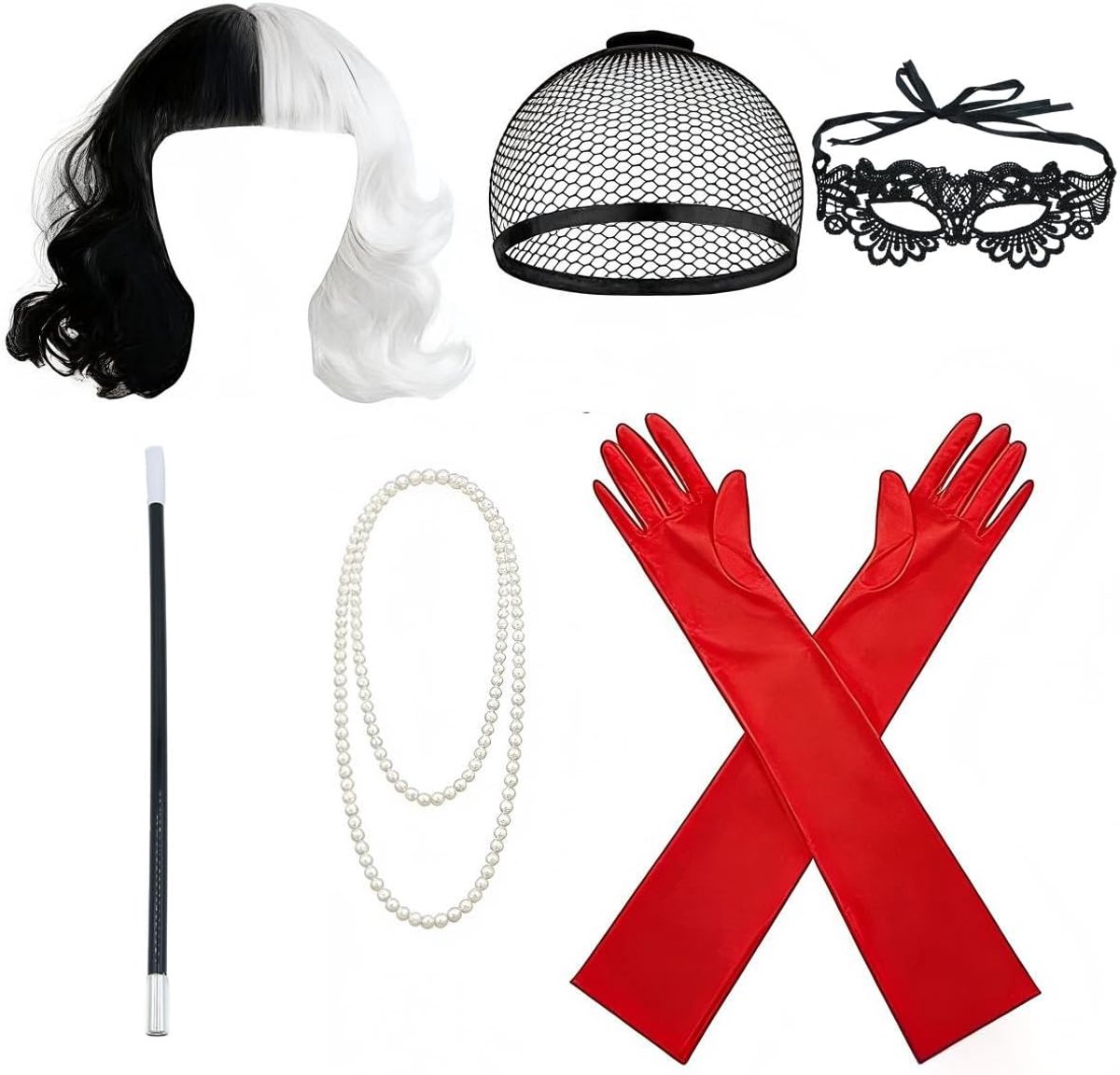 SnelShoppen - Jaren 70 Pruik Set Zwart Wit Cosplay Pruik met Kant en Kostuum Accessoires voor Halloween, Feest, Carnaval, Rollenspel, Volwassenen, Ver