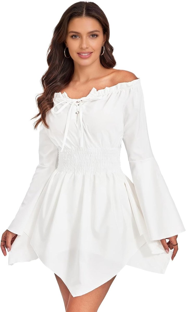 Vrouwelijk Piratenkostuum met Ongelijke Dubbele Laag, Off-Shoulder Zomerjurk met Belmouwen voor Carnaval en Halloween