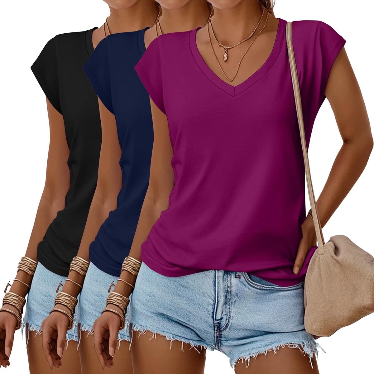 Set van 3 Dames V-Hals T-Shirts - Casual Zomer Tops met Kapmouwen - Basis T-Shirts voor Elke Gelegenheid