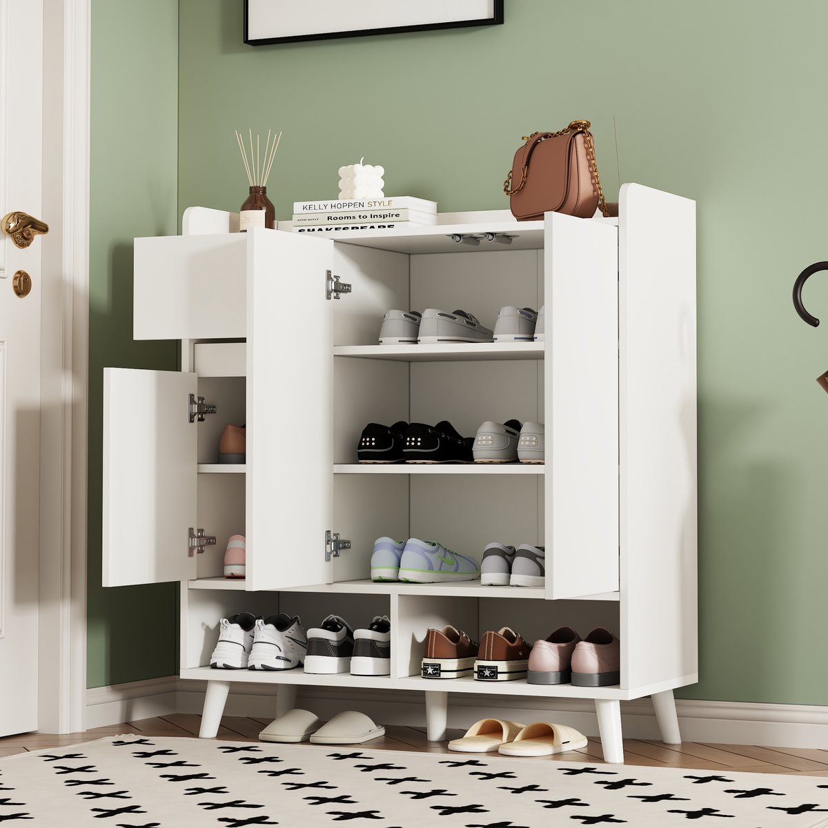 COVREO Schoenenkast 90 x 35 x 99 cm – wit, spaanplaat, verstelbare legplanken en deuren