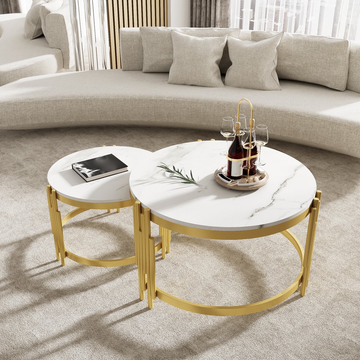 COVREO Salontafel set 71,5 x 71,5 x 44 cm en 51,5 x 51,5 x 37 cm - wit, marmerlook fineer, nestbaar