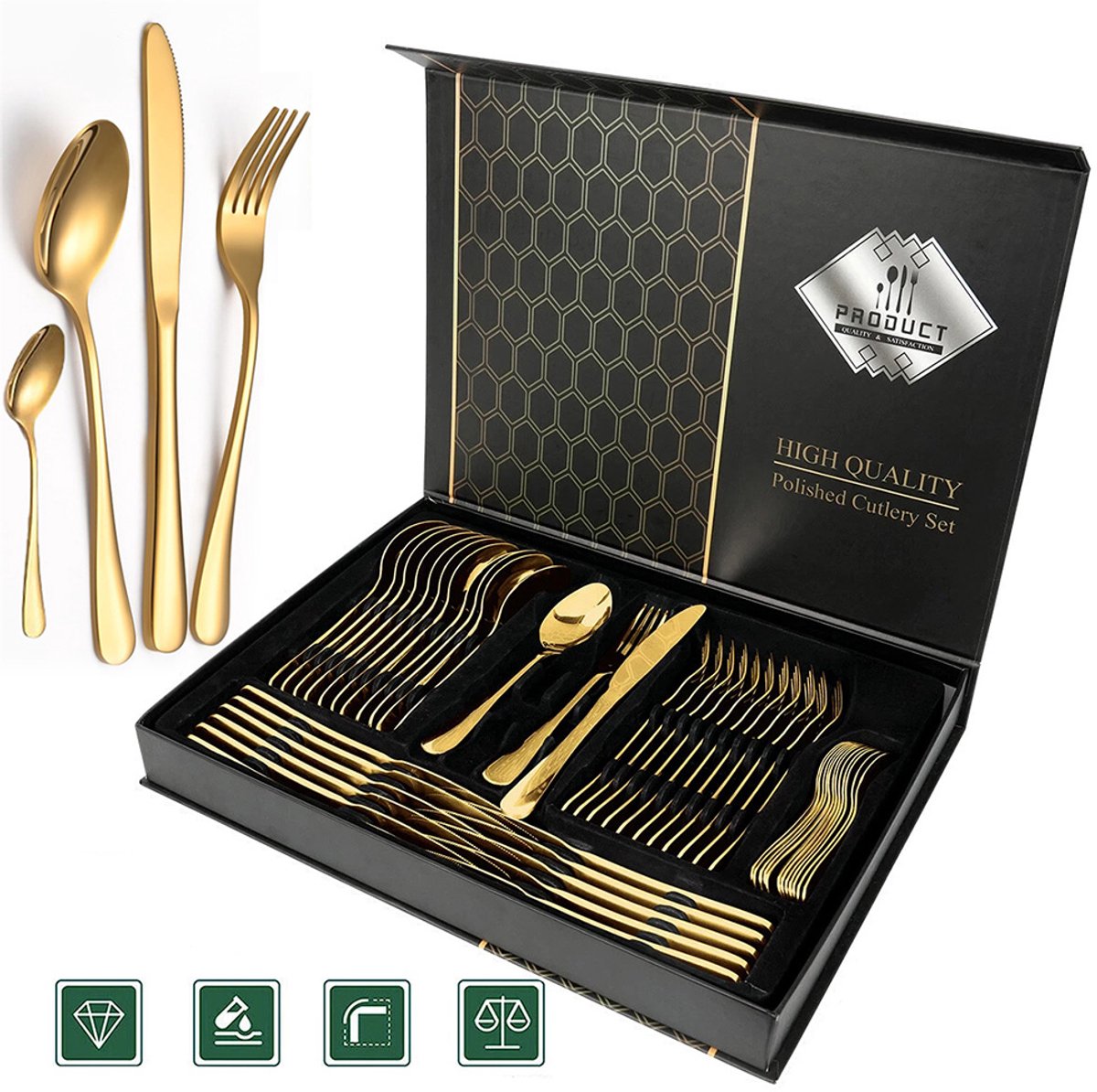 Luxe serviesset – 48 stuks – Geschikt voor 12 personen – Modern servies – Roestvrij staal – Western servies – Servies in geschenkverpakking