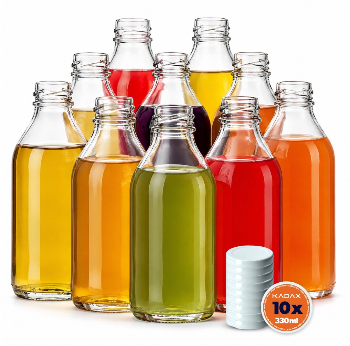 KADAX Set van 10 glazen flessen van 330 ml met schroefdop, wit – Lege flessen om te vullen met sap, likeur, olie, azijn en siroop, hervulbare glazen flessen