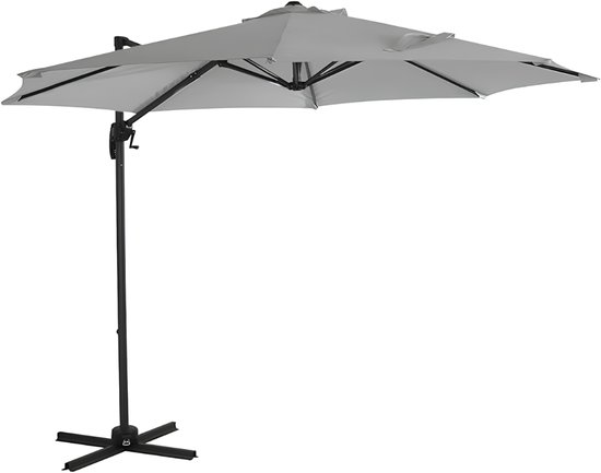 Grijze zweefparasol, uitgeklapt, met een donker frame en een kruisvoet.