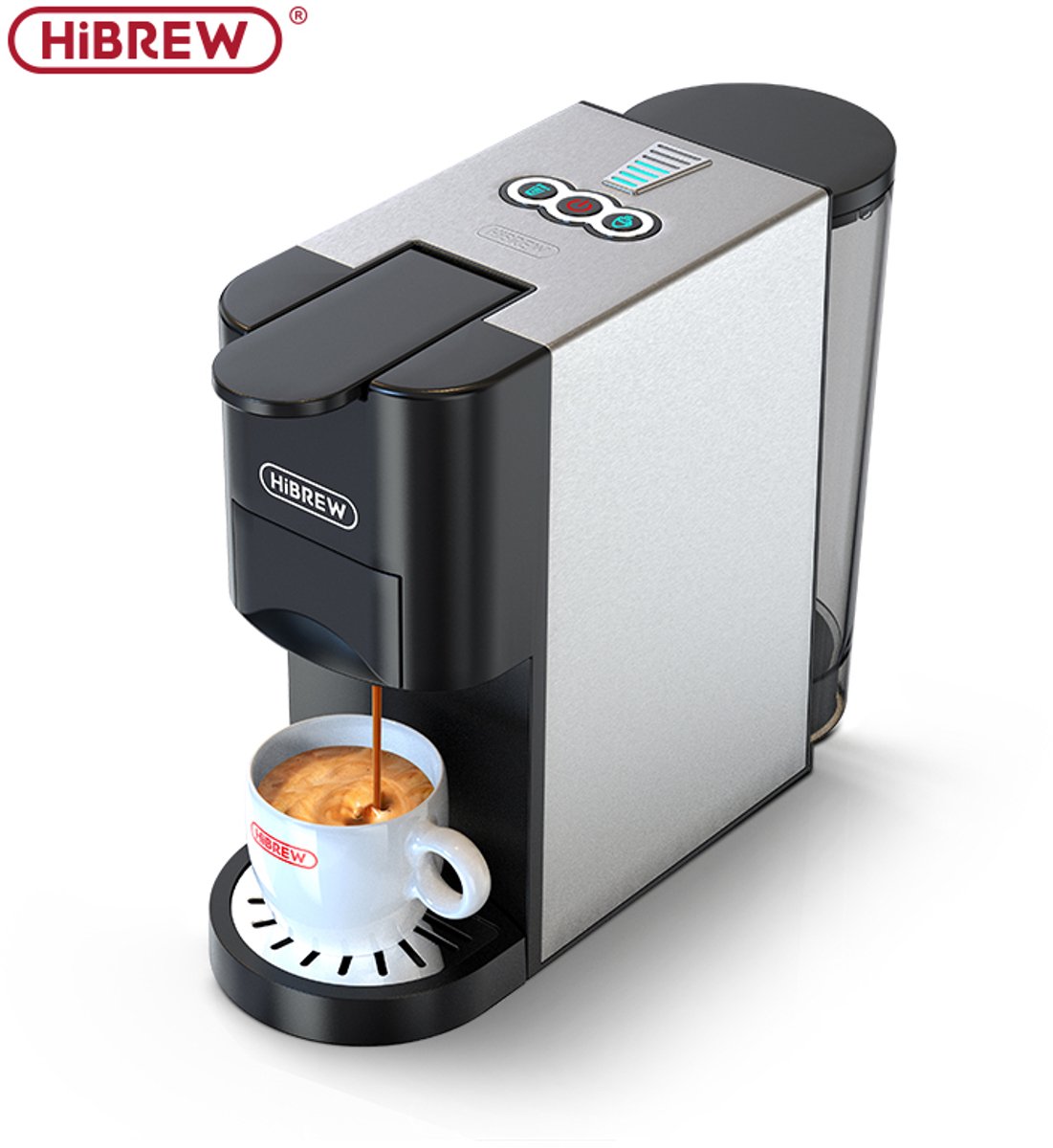 HiBREW H3D 4-in-1 Koffiecupmachine - 20 Bar - Voor NS/DG/ESE/Pods & Gemalen Koffie - Warm & Koud - 7 Waterniveaus - Roestvrijstaal - Zwart