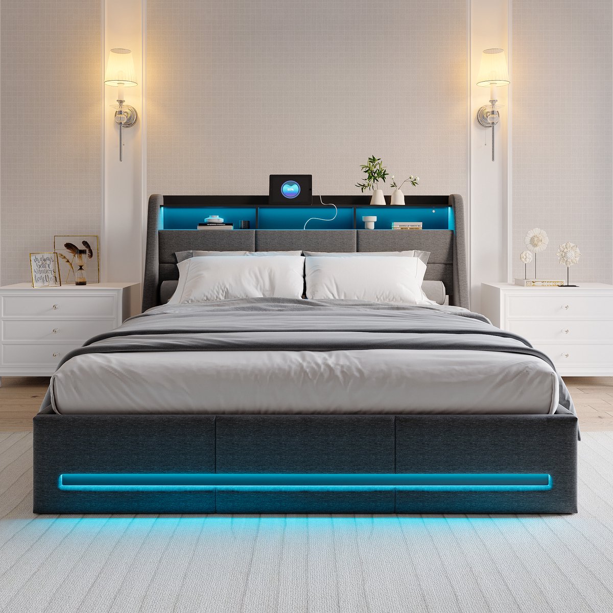 Opbergbed 140x190 Grijs Linnen – Bed met LED, USB & USB-C
