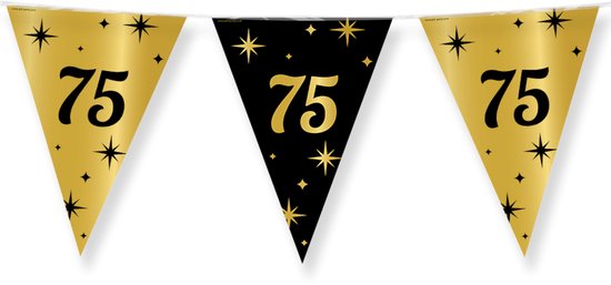 Gouden vlaggetjes met de tekst '75' en gouden sterren.