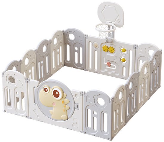 Grijze en witte speelbox met dinosaurusthema, basketbalring en speelelementen.
