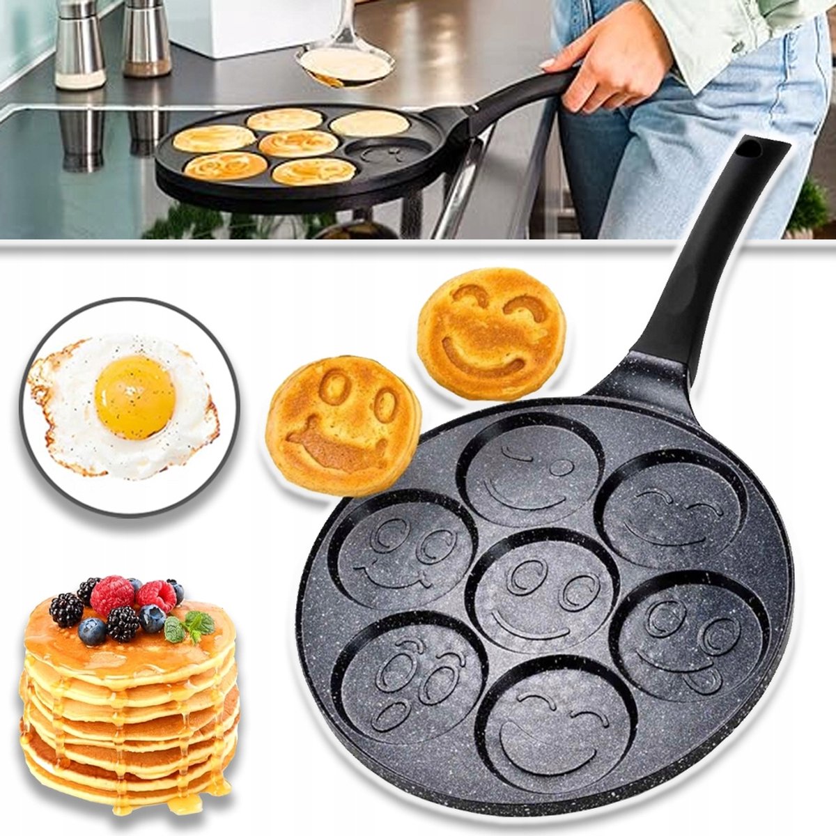 Pannenkoekenpan Met 7 Vormen - Aluminium 9 cm Vormen Hittebestendige Handgreep - Gemakkelijk Om Te Draaien Gelijkmatige Warmteverdeling - Voor Gas- En Inductiekookplaten Perfect Voor Het Ontbijt Van Kinderen