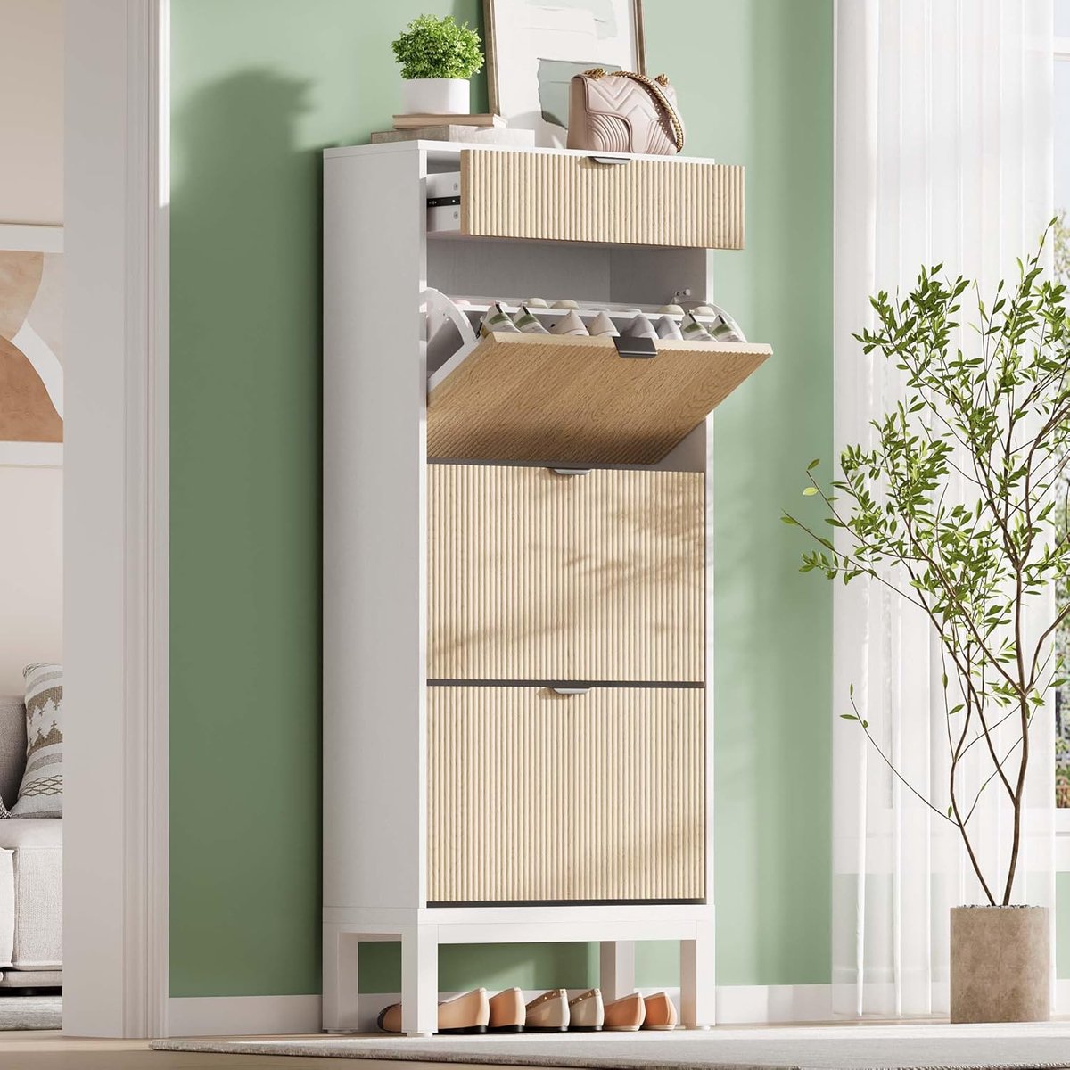 Schoenkast met 3 klapladen en 1 opberglade, smalle schoenkast van 24'' breed met verstelbare plank voor in de hal, vrijstaande moderne houten schoenenrek voor in de gang, wit eiken