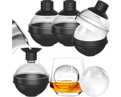 Grote siliconen ijsblokjesvorm voor whisky - Set van 4 met 2-in-1 trechterdeksel - 6 cm ronde ijsblokvormen voor cocktails en bourbon - Gemakkelijk te verwijderen - Perfect rond - zwart