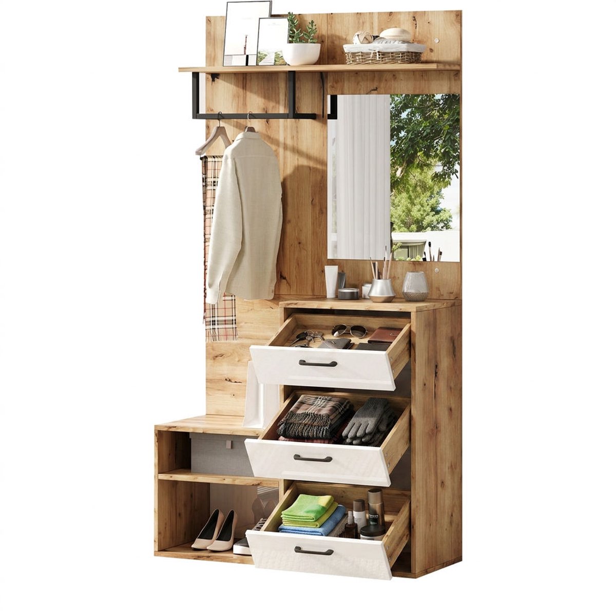 Halmeubelset wit en naturel hout – 100 x 38,5 x 190 cm – Met spiegel, schoenenbank, 2 kasten en 1 lade
