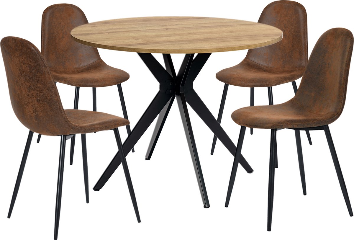 Eethoek - Ronde Eikenlook Tafel Met 4 Vintage Kuipstoelen - Bruin