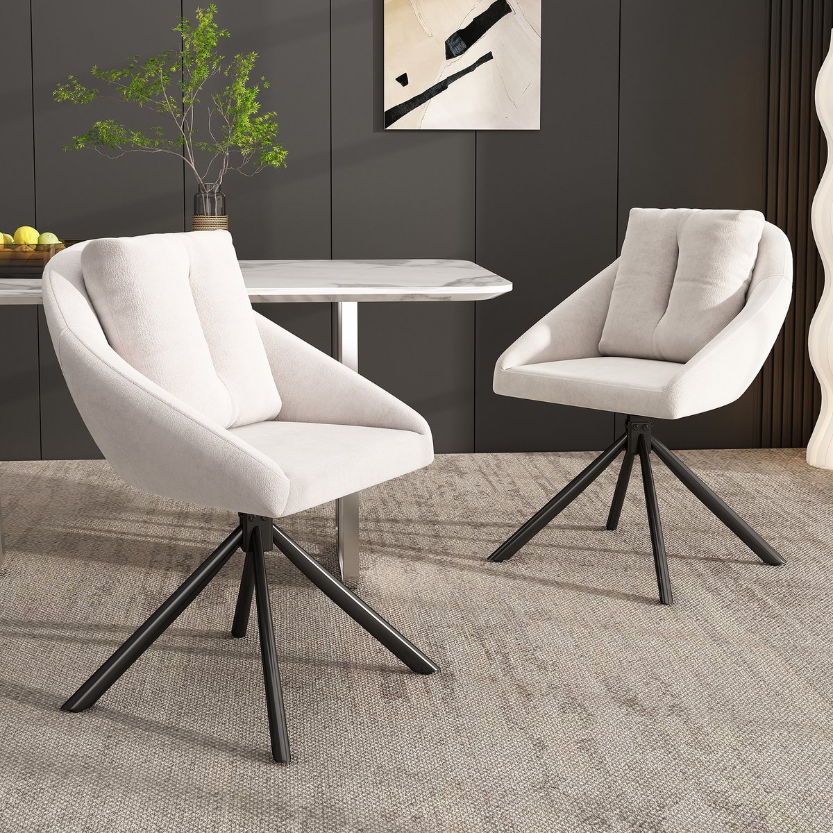 Intebiki 360° draaibare eetkamerstoelen - set van 2 - fauteuil voor de woonkamer - holle rugleuning en dik zitkussen - keukenstoelen - Fluwelen - ergonomische stoel - geschikt voor slaapkamers en woonkamers - beige