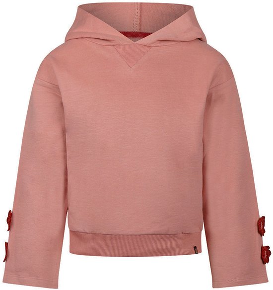 Roze hoodie met gebreide bloemenapplicaties op de mouwen. Effen stof, geribde zoom en capuchon.