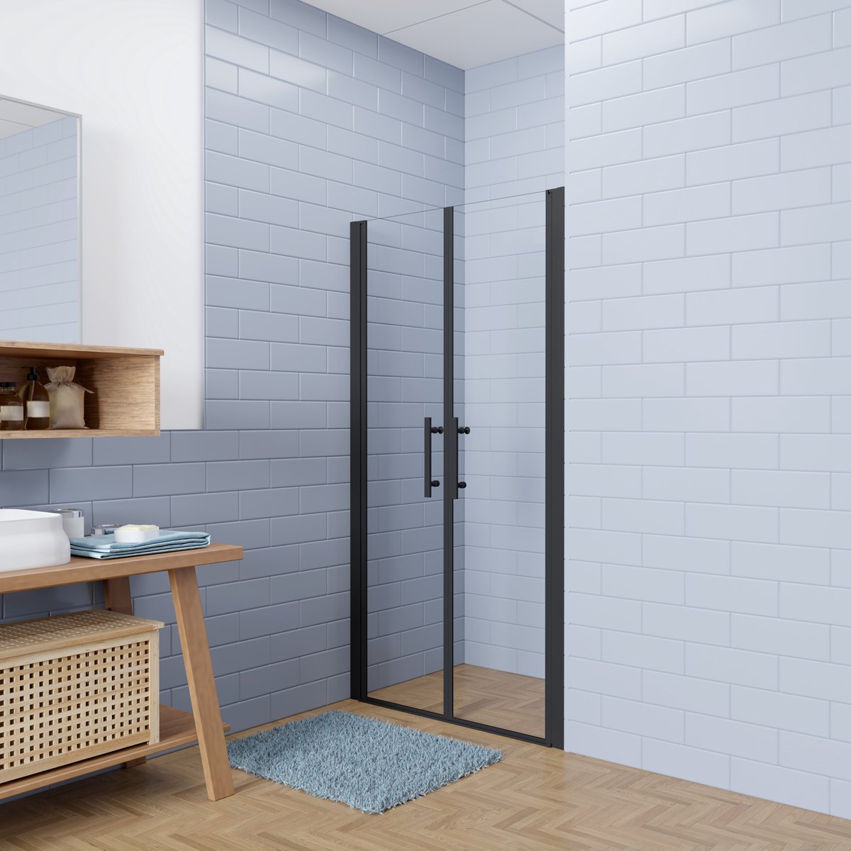 Aica industriële stijl dubbele draaideuren 140x180cm - 6mm gehard veiligheidsglas easyclean - mat zwarte aluminium Profiel