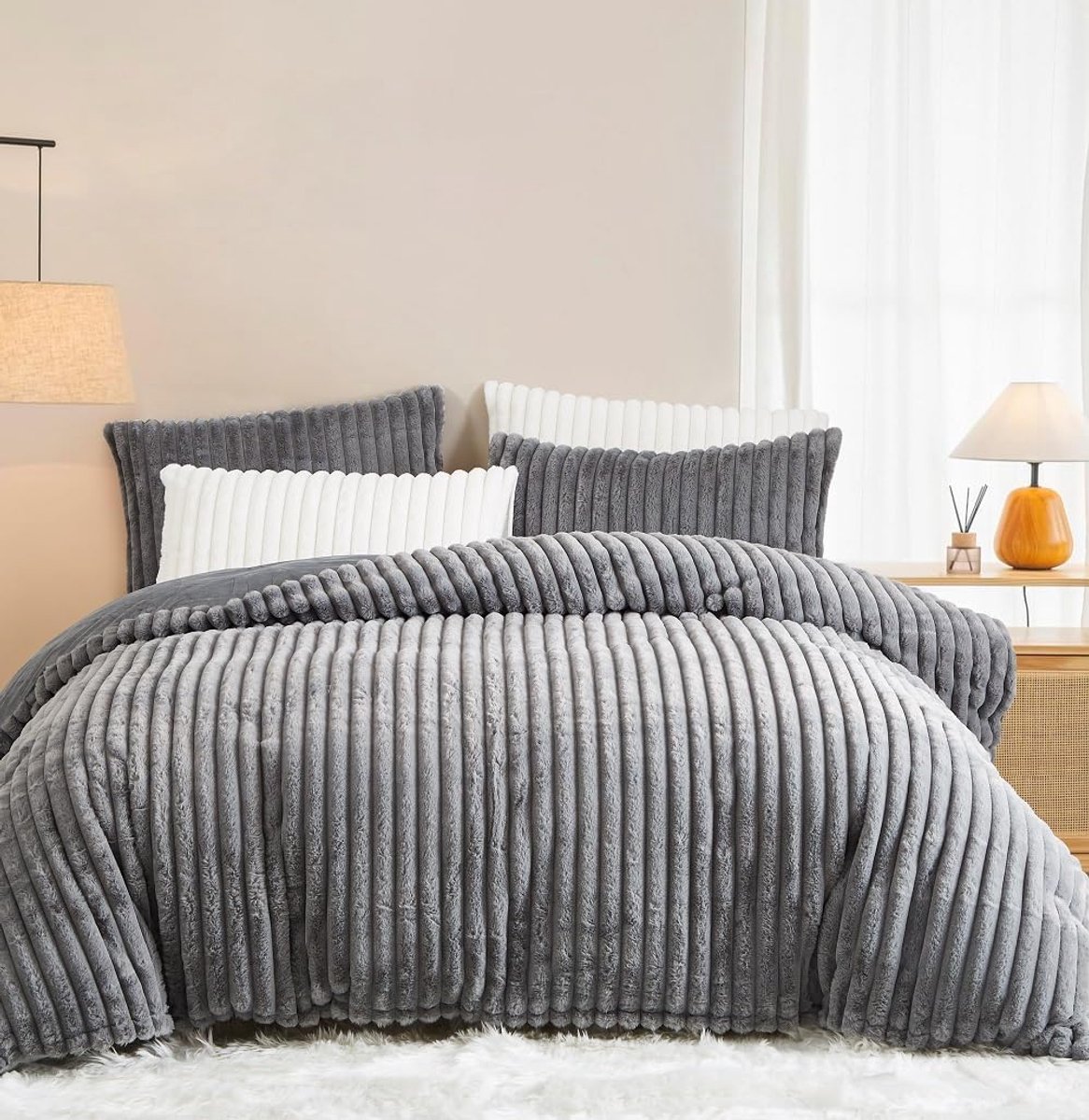 SnelShoppen - Fluffy Duvet Cover 200 x 200 cm, Donkergrijs Fleece Bedlinnen, Faux Fur Dekbedovertrek met Ritssluiting en 2 Kussenslopen, Warm Winter B